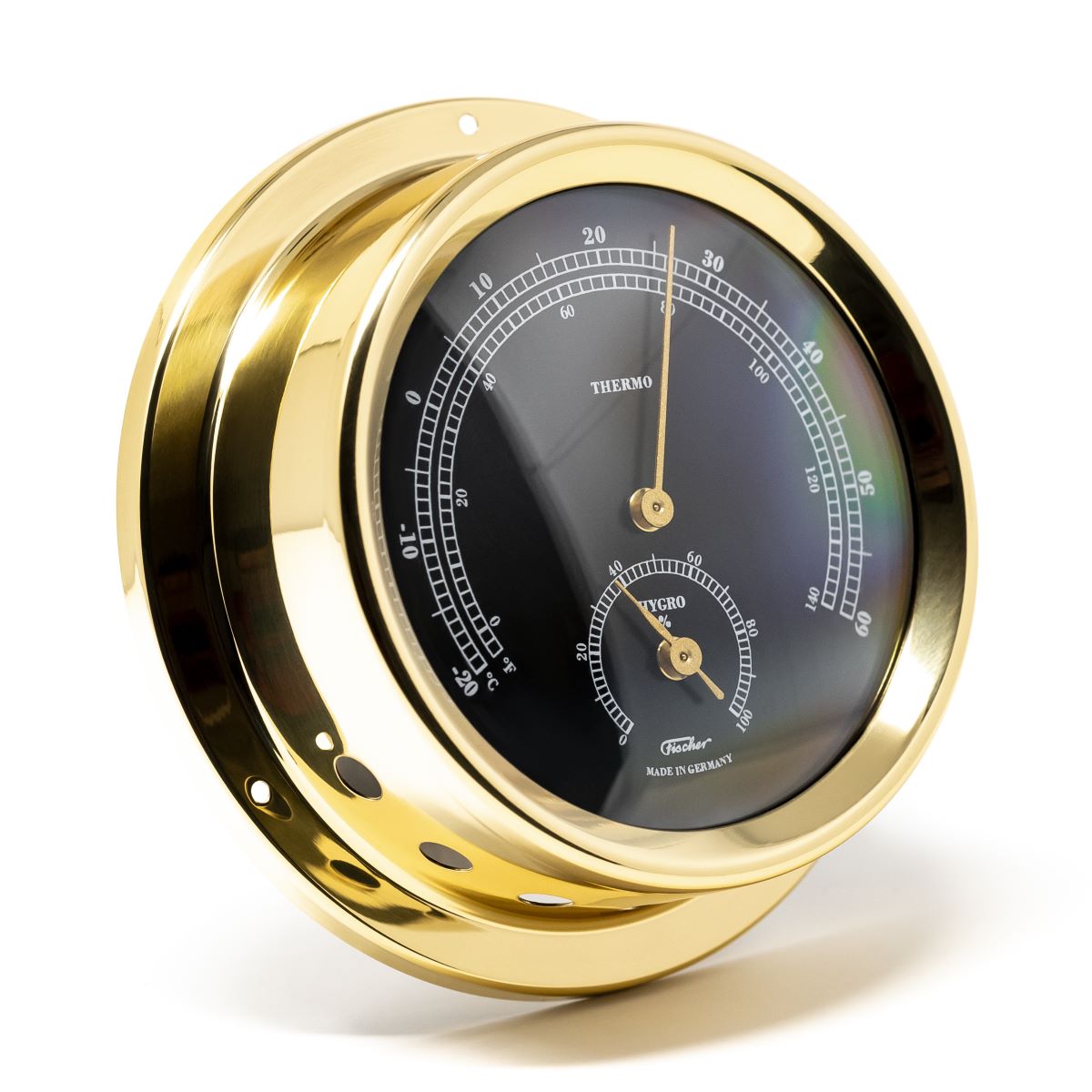 Polished Brass &amp; Black Dial 125mm Thermometer &amp; Hygro Instrument
