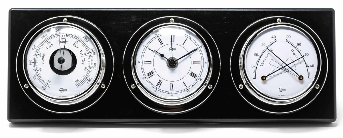 Barigo Tempo Weather Station 386RFPO – Polished Stainless Steel Instruments on Black Lacquered Wood