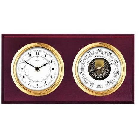 Mahogany &amp; Brass Barometer &amp; Clock Combination